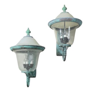 Pair of Vintage Solid Brass Outdoor Sconces - Large Verdigris Patina Lanterns For Sale