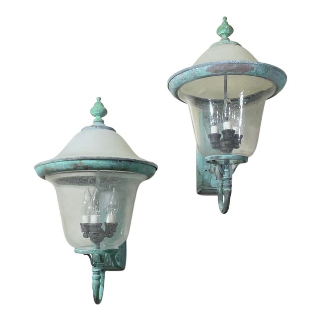Pair of Vintage Solid Brass Outdoor Sconces - Large Verdigris Patina Lanterns For Sale