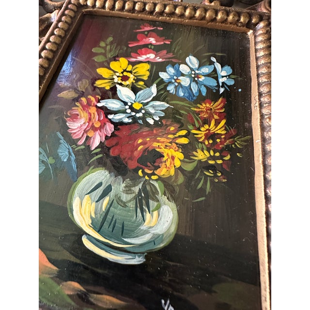Mid 20th Century Vintage Rococo Style Miniature Still Life Paintings in Gilded Brass Frames – Pair For Sale - Image 5 of 13