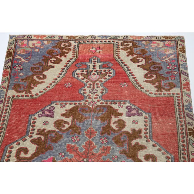 Red Vintage Tribal Konya Rug – Handwoven Anatolian Wool in Rich Red, Indigo, and Cream - 4' 2'' X 7' 3'' For Sale - Image 8 of 9