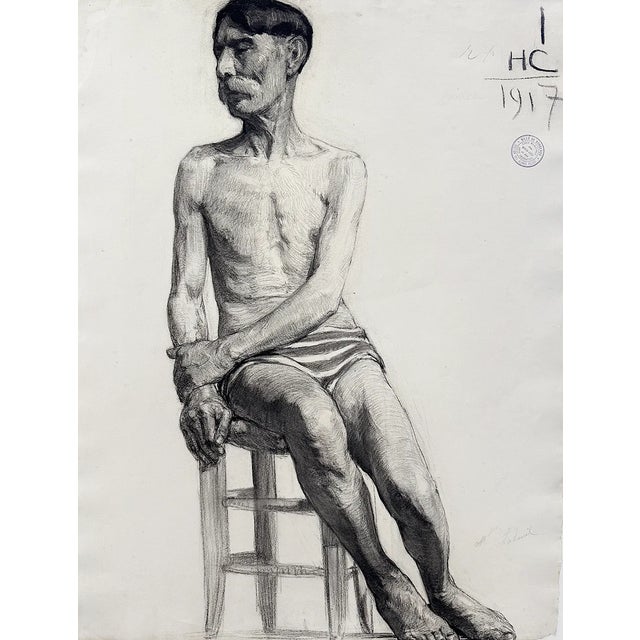 Figurative Set of Early 1900's Antique French Academic Drawings of Gentleman in Swim Trunks, Charcoal on Paper With Mat, Dated 1917 For Sale - Image 3 of 12