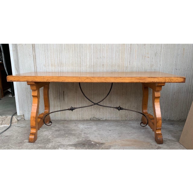 20th Century Spanish Cyprees Lyre Legs Trestle Dining Farm Table For Sale - Image 16 of 18