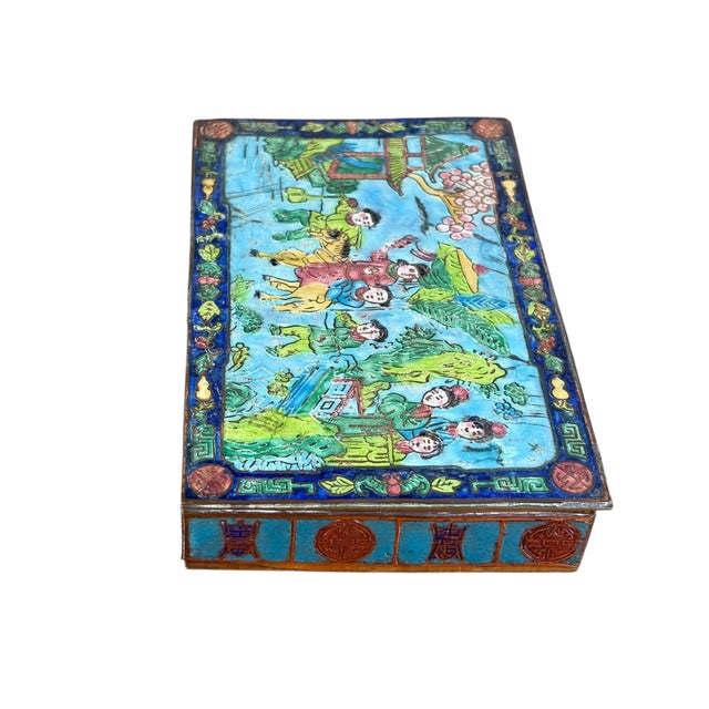 Vintage Chinoiserie Enamel Repousse on Brass Hinged Box For Sale - Image 4 of 9