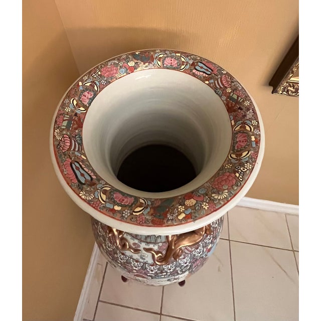 Ceramic Pair of 4.6 Ft 20th-Century Monumental Vintage Chinese Rose Medallion Porcelain Palace Floor Vase & Carved Stand For Sale - Image 7 of 14