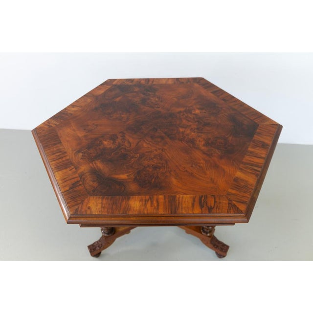 Antique Danish Hexagonal Walnut Burl Center Table, 1880s For Sale - Image 3 of 18