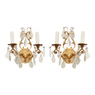 French Early 20th Century Brass & Crystal Sconces - A Pair For Sale