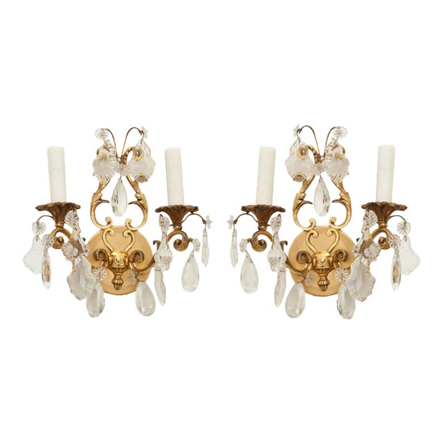 French Early 20th Century Brass & Crystal Sconces - A Pair For Sale