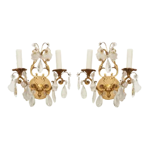 French Early 20th Century Brass & Crystal Sconces - A Pair
