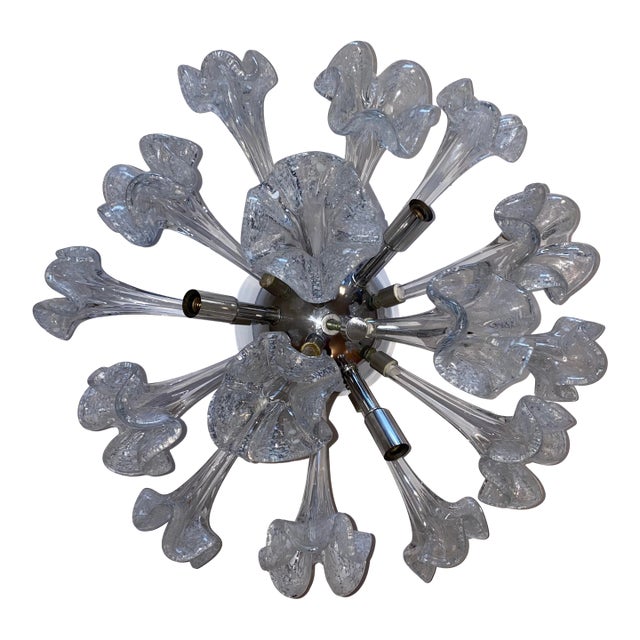 Mid-Century Flush Mounted Sputnik Chandelier With Murano Style Glass Flowers For Sale