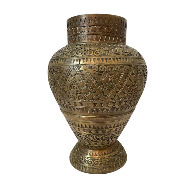Antique Middle Eastern (?) Ornate Brass Vase 11" Hand Engraved For Sale - Image 4 of 8