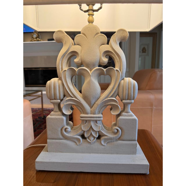 Beautiful Wylie carved wood table lamp by Lillian Home featuring intricate architectural detailing and a large rectangular...