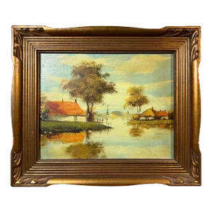 Vintage Original European Oil Painting Landscape in Gold Frame