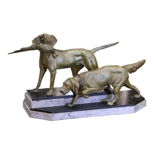 19th C. French Bronze Hunting Dogs Sculpture on Marble Base Signed C. Masson