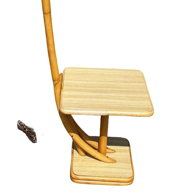 Brown 1950s Rare Restored Two-Tier Rattan Floor Lamp W/ Built-in Formica Top Side Table For Sale - Image 8 of 11