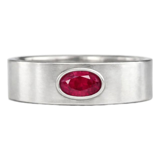 Bezel Set Oval Ruby Wide Matte Band Silver, Gold, Size 10 For Sale