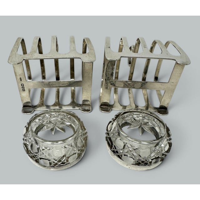 Late 19th Century Antique Sterling Silver Pair Lowe Toast Rack Crystal Salt Cellars 1910 7.9 Ozs For Sale - Image 5 of 6