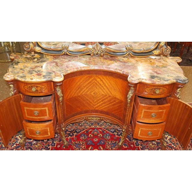 1920's French Style Marble Top Inlaid Walnut Vanity With Later Companion Mirror For Sale - Image 10 of 15