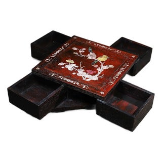 Late 20th Century Wooden Swivel Top Box With Mother-of-Pearl Bird and Floral Inlay For Sale