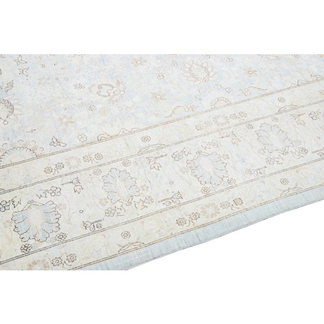 Light Blue Modern Persian Tabriz Style Handmade Floral Wool Rug For Sale - Image 4 of 9