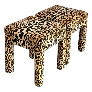 Vintage Leopard Velvet Upholstered Stools - Set of 2 For Sale