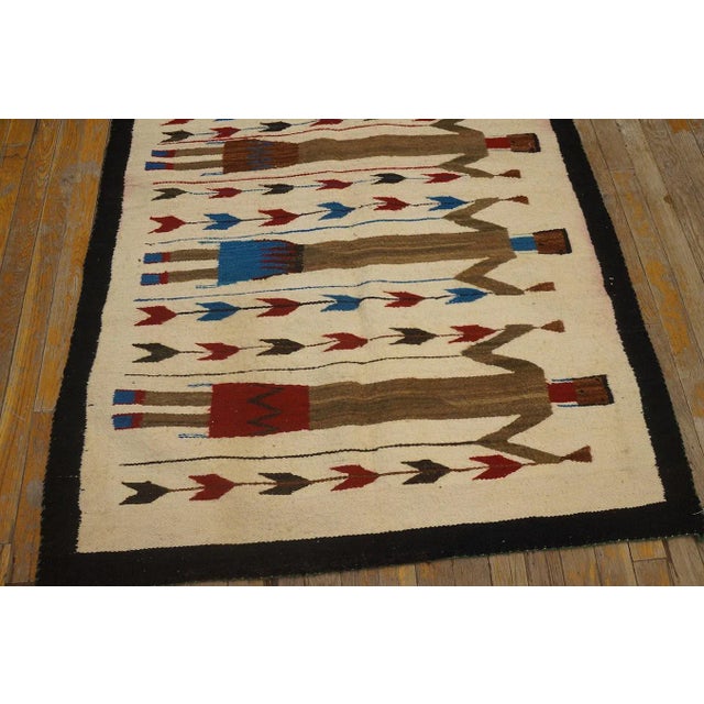 Ivory 1930s Ivory Geometric Figures Antique American Navajo Yei Carpet 3' 5'' X 5' Flatweave Wool Rug For Sale - Image 8 of 9