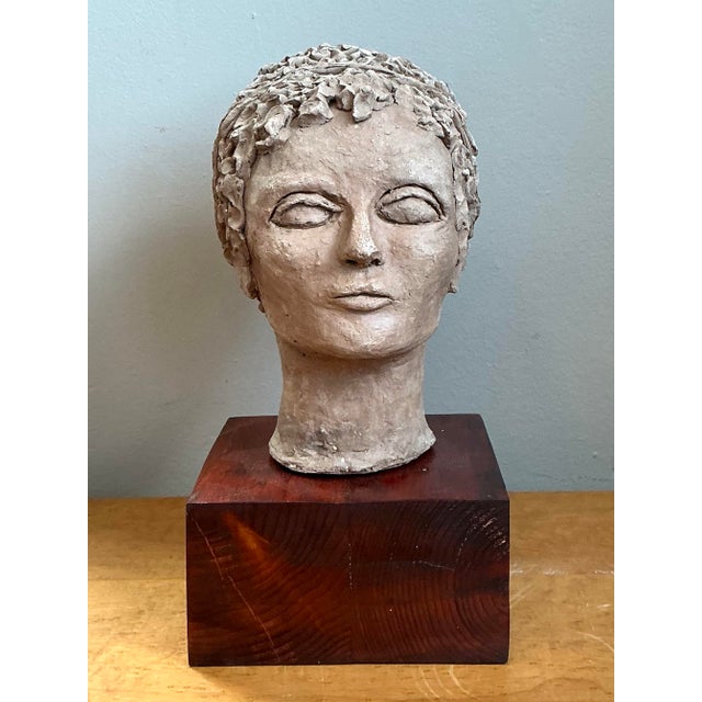 Vintage Plaster Head Sculpture on Wood Base For Sale - Image 9 of 12