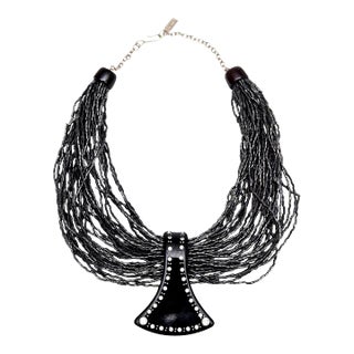 Vintage Ugo Correani Glass Beads, Lucite Rhinestone Strand Pendant Necklace 80's Italy For Sale