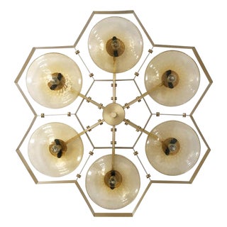 21st Century Hive Satin Brass Amber Bubbles Murano Flush Mount by Fabio LTD For Sale