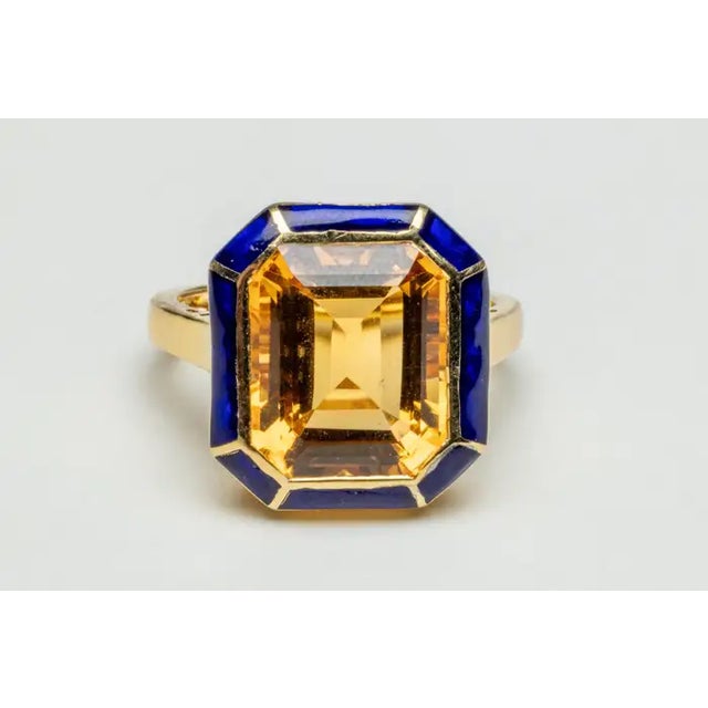 Contemporary 1990s Citrine Ring with Blue Enamel in 18K Gold, Size 6.25 For Sale - Image 3 of 5