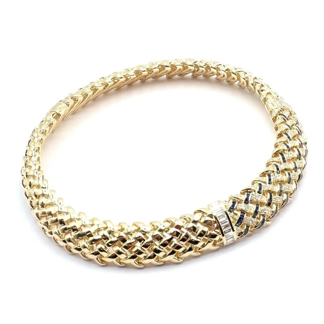 Tiffany and Co. Vintage Tiffany & Co. Vannerie Diamond Sapphire Basket Weave Yellow Gold Necklace For Sale - Image 4 of 17