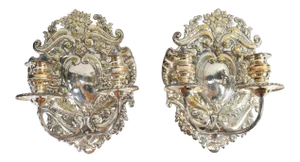 Late 19th Century Dutch or Spanish Silvered Brass Candle Wall Sconces - a Pair