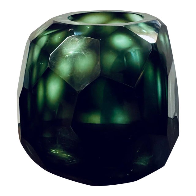 Revelation Modern Small Emerald Green Faceted Glass Vase For Sale