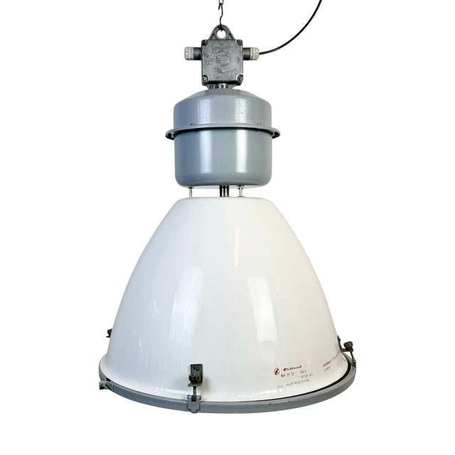 Large Industrial White Enamel Lamp with Clear Glass Cover from Elektrosvit, 1960s For Sale