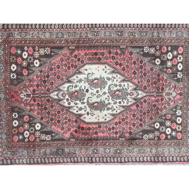 Pretty mid century rustic Hamadan rug with nice geometrical and stylized designs, and beautiful colours with pink , white...