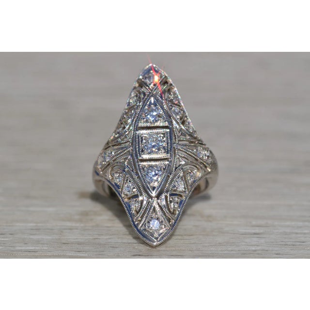 Metal Ladies Antique Navette Shaped Ring set with Diamonds For Sale - Image 7 of 10
