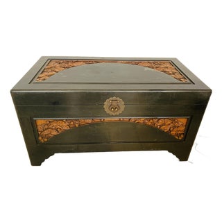 1950s George Zee Authentic Chinese Camphor Blanket Chest With Carved Inlay Kiln Dried Art Carved For Sale