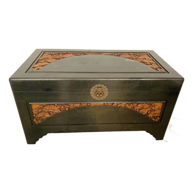 1950s George Zee Authentic Chinese Camphor Blanket Chest With Carved Inlay Kiln Dried Art Carved For Sale