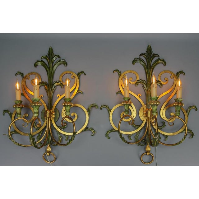 1960s Large Gilt and Green Color Metal and Wood Sconces, 1960s, Set of 2 For Sale - Image 5 of 18