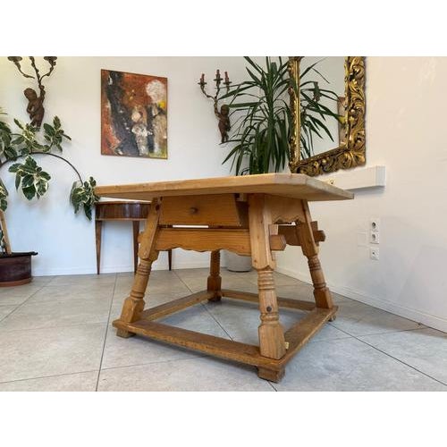 Farmhouse table, antique piece. Table dimensions: Height x Width x Depth 76 x 109 x 109 cm. For sale is a sturdy, honest...