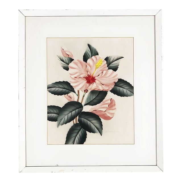 Pink Hibiscus Watercolor Painting on Paper Signed by Shirrell Graves, Framed For Sale