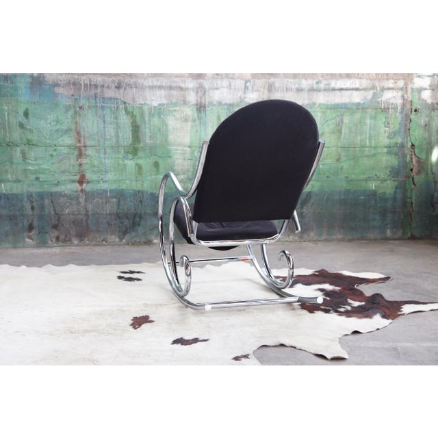 70s Sculptural Chrome + Black Velour Rocking Chair Rocker Manner Milo Baughman For Sale - Image 12 of 14