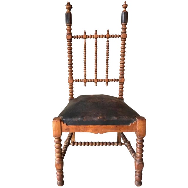 French Bobbin Wood Turned Barley Twist and Leather Chair, 1850s For Sale