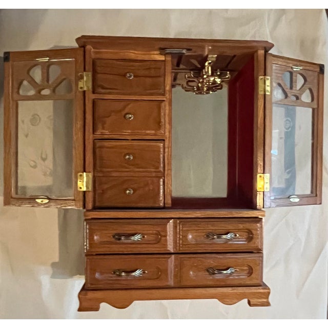 Large Vintage Jewelry Box Armoire Chest 16" Wood 2 Floral Rose Etched Glass Doors 5 Drawers Red Velvet Mirror Hooks Cottage Core For Sale - Image 4 of 10
