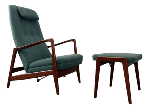Mid-Century Model 829 High-Back Lounge Chair and Ottoman in Teak and Green Upholstery by Gio Ponti for Cassina, Italy, 1960s, Set of 2