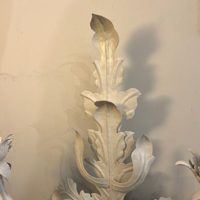 French Mediterranean Hollywood Regency Leaf Design Metal Wall Sconces a Pair Electrified For Sale - Image 10 of 12