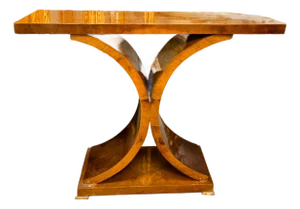 Art Deco Burl Wood Pedestal Console Table – One Drawer With Elegant Base