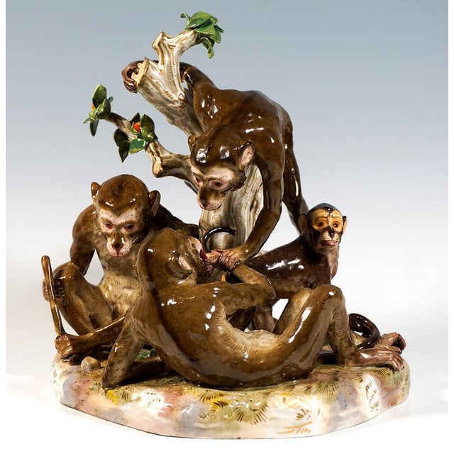 Excellent rare meissen porcelain group of the late 19th century: a group of four monkeys of different sizes, playing,...