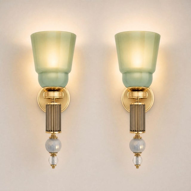1990s Mid Century Modern, Celadon Green Murano Glass Sconces - a Pair For Sale - Image 4 of 12