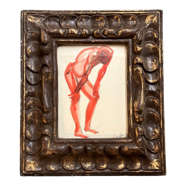 1970’s Original Abstract Expressionist Figure Study Watercolor Painting Chunky Carved Wood Frame For Sale