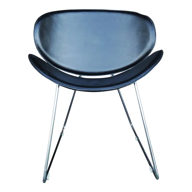 Black Leather and Tubular Chrome Curved Shell Armchair, 1970s For Sale